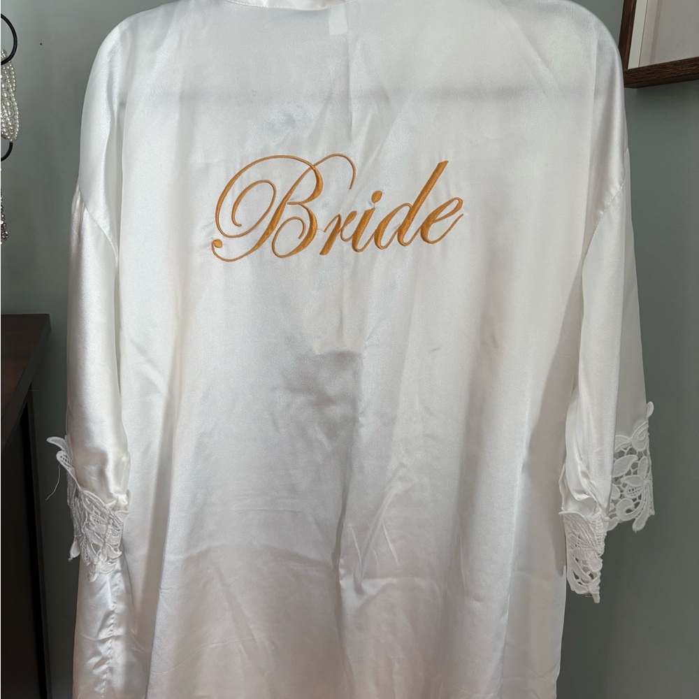 White Satin Bride Robe with Lace Trim